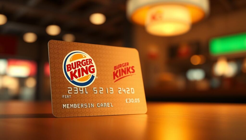 A high-quality, photorealistic image of a Burger King Royal Perks membership card. The card is shown in the foreground, positioned at a slight angle and illuminated by soft, warm lighting. The card's design features the Burger King logo prominently displayed, along with the "Royal Perks" text and a metallic-like finish. The background is blurred, creating a sense of depth and focus on the card. The image conveys a premium, exclusive, and well-designed aesthetic, reflecting the benefits and rewards of the Burger King loyalty program.