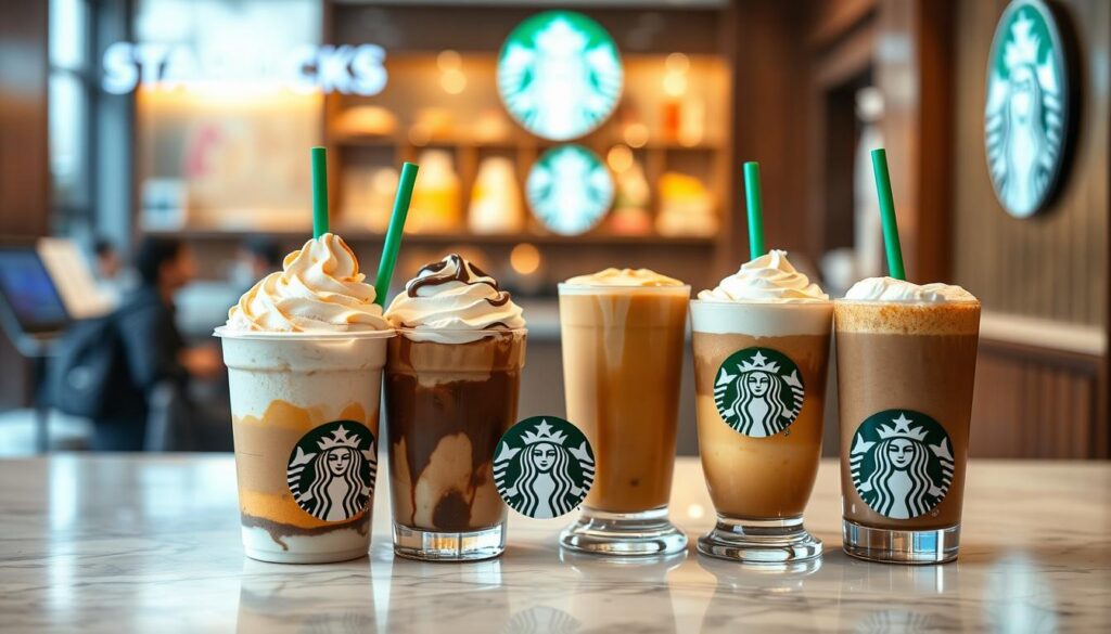 A high-resolution, detailed image of an artfully arranged Starbucks ice cream and beverage pairing display. In the foreground, a trio of Starbucks ice cream flavors - Caramel Macchiato, Mocha Frappuccino, and Pumpkin Spice Latte - are nestled atop a marble countertop. Beside them, matching Starbucks beverages are presented in clear glasses, their frothy tops and color gradients complimenting the ice cream. The background features a soft, blurred Starbucks storefront interior, with warm lighting and wood accents creating a cozy, inviting atmosphere. The overall composition is visually balanced, highlighting the delectable pairings in an appetizing, sophisticated manner.
