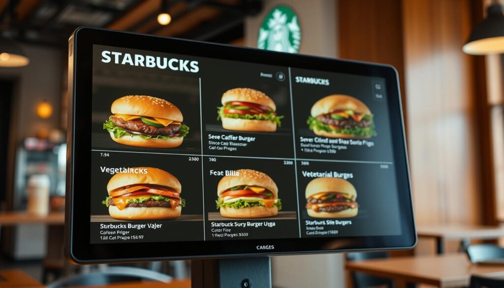 A high-resolution, highly detailed image of a Starbucks-style burger menu featuring various vegetarian and vegan burger options. The menu is displayed on a sleek, modern digital screen with a clean, minimalist design. The background is slightly blurred but shows a warm, inviting Starbucks cafe atmosphere with natural lighting and wood accents. The burger options are presented with mouthwatering visuals, clear pricing, and descriptive labels highlighting the vegetarian and vegan options. The overall composition creates an appetizing and informative display that would be suitable for a Starbucks-related article.