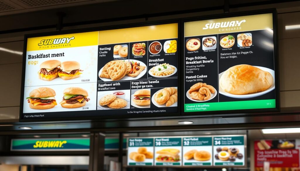 A high-resolution photograph of a subway station's breakfast menu displayed on a digital screen, showcasing a variety of delicious breakfast options. The menu is well-lit, with a clean and modern design that highlights the different meal choices, including egg sandwiches, breakfast bowls, and pastries. The background is slightly blurred, giving the image a sense of depth and focus on the menu itself. The overall atmosphere is bright, appetizing, and inviting, capturing the essence of a subway's breakfast offerings.