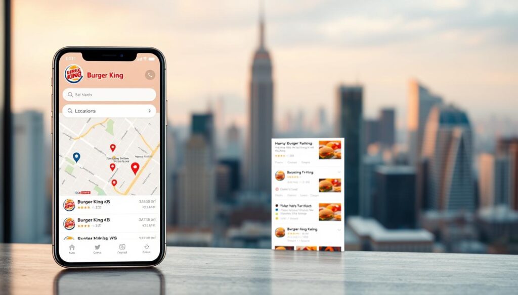 A high-resolution screenshot of a modern, user-friendly Burger King mobile app store locator interface. The foreground features a clean, intuitive layout with a prominent search bar, map view, and list of nearby Burger King locations. The middle ground showcases detailed information about each restaurant, including hours, ratings, and directions. The background depicts a blurred, photorealistic city skyline, conveying a sense of urban context. The overall scene is well-lit, with a warm, inviting color palette that resonates with Burger King's brand identity. The camera angle is slightly elevated, providing an optimal perspective for showcasing the app's key features and functionality.