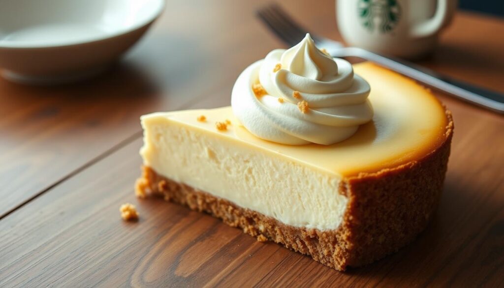 A homemade Starbucks-style cheesecake, freshly baked, sits on a wooden table. The rich, creamy filling is topped with a swirl of velvety whipped cream and a light dusting of crushed graham cracker crumbs. Soft, natural lighting casts a warm glow, highlighting the cake's smooth, luxurious texture. In the background, a minimalist white ceramic plate and fork are arranged, hinting at the decadent dessert to come. The overall scene evokes a cozy, inviting atmosphere, perfect for savoring a slice of this Starbucks-inspired treat.