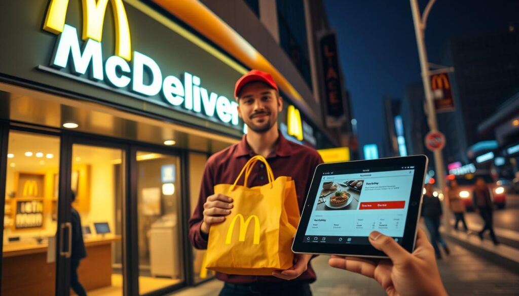 A modern and sleek McDonald's storefront with a prominent "McDelivery" sign illuminated in warm LED lighting. In the foreground, a food delivery courier in a branded uniform holding a McDonald's paper bag, ready to transport the order. The middle ground showcases the menu options and ordering process on a tablet device. In the background, a busy city street with people walking and traffic passing by, creating a sense of urban activity. The overall scene conveys the convenience and accessibility of McDonald's online food delivery services.