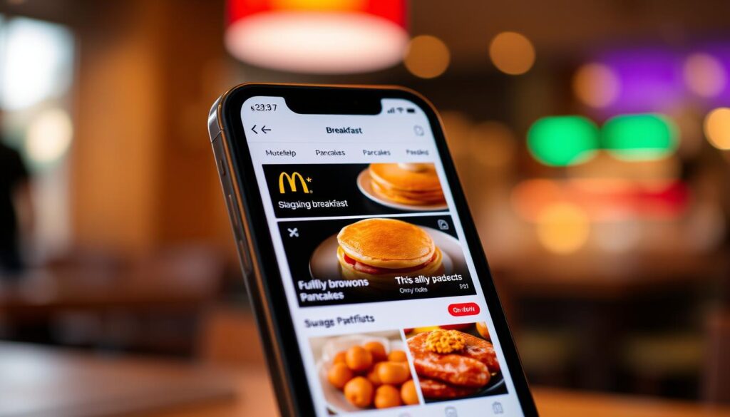 A modern, clean interface of the McDonald's mobile ordering app displayed on a sleek smartphone screen. The app showcases a vibrant menu with tempting breakfast offerings, including golden hash browns, fluffy pancakes, and sizzling sausage patties. Smooth navigation guides the user through the ordering process, with clear sections for customization and delivery options. Warm lighting casts a cozy, inviting atmosphere, while the overall design conveys a sense of convenience and efficiency, perfect for the on-the-go breakfast experience. The screen is captured at a slight angle, highlighting the app's intuitive layout and user-friendly experience.
