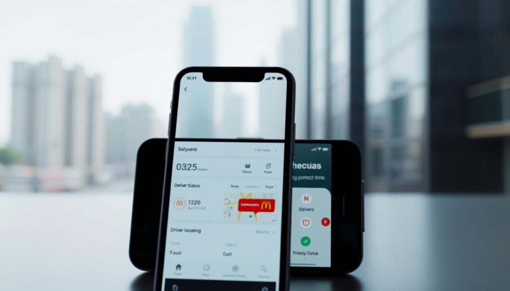 A modern, minimalist interface displaying a McDonald's online food delivery tracking dashboard. The foreground features a sleek smartphone device with a clean, intuitive user interface showing the current order status, delivery time estimate, and a map tracking the driver's location. The middle ground showcases a stylized McDonald's logo and branded color scheme, conveying the brand's identity. The background has a soft, blurred cityscape with towering skyscrapers, suggesting an urban setting. The overall atmosphere is one of efficiency, convenience, and McDonald's signature branding, creating a seamless and engaging online food ordering experience.