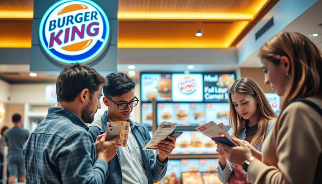 A modern, stylish fast-food restaurant interior with a prominent Burger King logo. In the foreground, a group of customers examining discount coupons and mobile device screens, discussing money-saving strategies. The middle ground showcases a display of Burger King menu items with price tags, highlighting the latest deals and specials. The background features warm lighting, clean lines, and a relaxed atmosphere, creating an inviting and comfortable setting. The overall scene conveys a sense of consumers actively exploring ways to maximize their savings at Burger King.