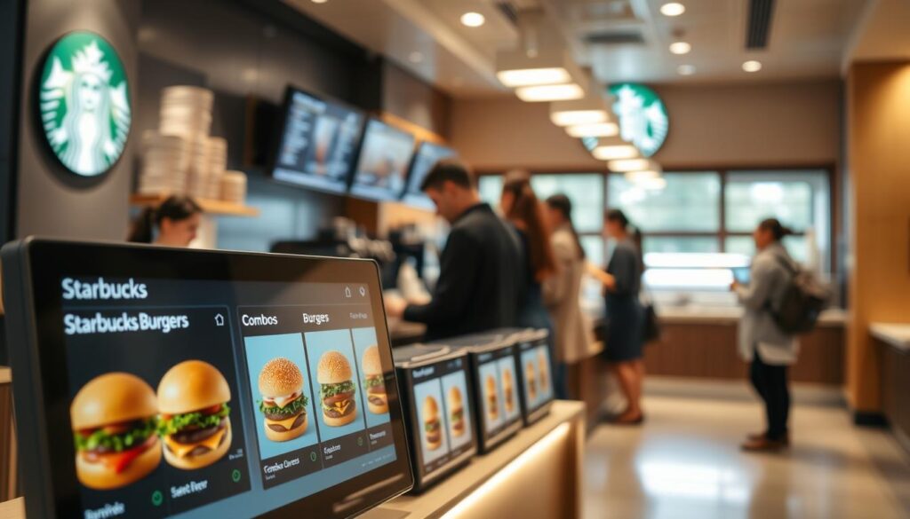 A modern, well-lit Starbucks cafe interior, with a prominent counter featuring various ordering options for Starbucks burgers. In the foreground, a sleek digital display showcases different burger combo choices, presented with clear, appetizing visuals. The middle ground features a barista expertly crafting beverages, while customers wait patiently in line. The background is softly blurred, emphasizing the focal point of the ordering options. The overall atmosphere is inviting, with warm lighting and a clean, minimalist aesthetic, reflecting Starbucks' signature style.