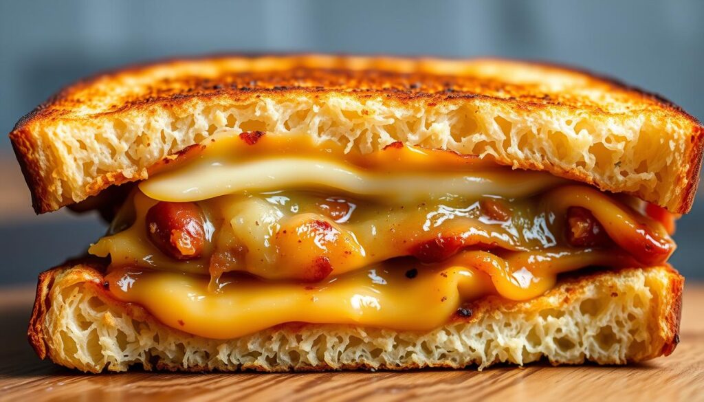 A mouthwatering Starbucks Garlic Grilled Cheese Sandwich, captured in vivid detail. The crisp, golden-brown exterior of the bread gives way to a melty blend of cheeses, infused with the savory aroma of roasted garlic. Soft, pillowy slices of sourdough bread frame the filling, creating a perfect balance of textures. Delicate shadows and highlights accentuate the sandwich's depth, while a natural, diffused lighting sets a cozy, inviting tone. The camera angle is slightly elevated, allowing the viewer to fully appreciate the sandwich's craftsmanship and artful presentation. This image perfectly captures the essence of the "Crispy Grilled Cheese with Garlic Notes" section, enticing the reader to indulge in this delightful Starbucks offering.
