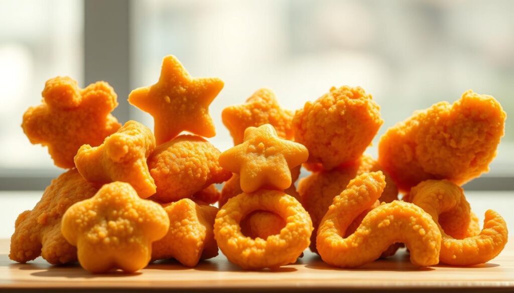 A mouthwatering arrangement of McDonald's Chicken McNuggets in unique, whimsical shapes - perfectly golden, crispy, and inviting. They are artfully displayed against a softly blurred background, with natural lighting casting gentle shadows that accentuate their irregular contours. The nuggets appear to be freshly fried, with an appetizing sheen and just the right amount of sizzle. The composition captures the signature shapes that make these nuggets a signature treat - from playful stars and crescents to delicate flower petals and abstract geometric forms. An irresistible feast for the eyes, evoking a sense of nostalgia and delight.
