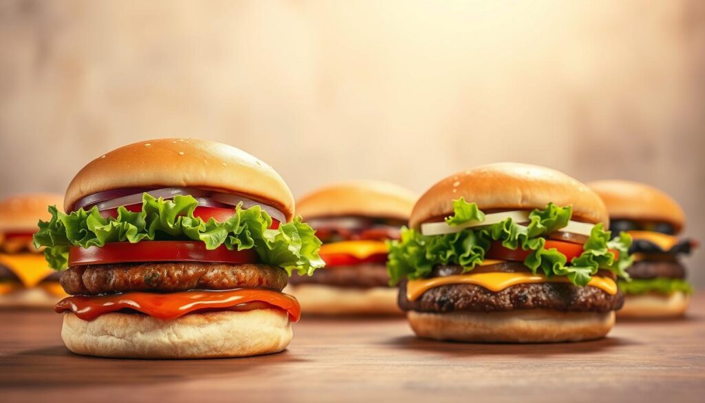 A mouthwatering display of Burger King's signature Whopper sandwiches against a softly blurred background. The main foreground features a classic Whopper burger, its juicy patty, fresh lettuce, tomato, onion, and signature sauce, all perfectly assembled. In the middle ground, additional Whopper variations, such as the Bacon Cheese Whopper and the Mushroom Swiss Whopper, are presented in an elegant, appetizing arrangement. The lighting is warm and inviting, casting gentle shadows that accentuate the depth and texture of the burgers. The overall scene conveys a sense of quality, indulgence, and the irresistible allure of Burger King's iconic Whopper lineup.