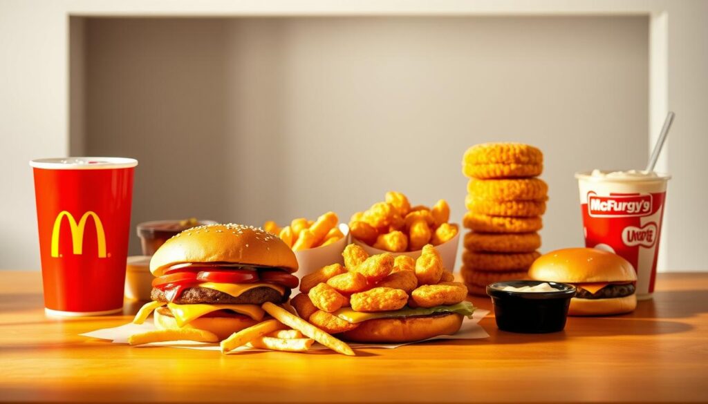 A mouthwatering display of McDonald's Family Meal Combos, arranged on a warm, wooden table. In the foreground, a hearty Big Mac, fries, and a large soft drink, bathed in soft, golden lighting. In the middle ground, a family-sized order of McNuggets, crisp and golden, accompanied by an array of dipping sauces. In the background, a stack of classic cheeseburgers and a refreshing McFlurry, all framed by a clean, minimalist backdrop that showcases the meal's inviting simplicity. The scene exudes a comforting, family-friendly atmosphere, perfect for a satisfying and affordable weekend feast.