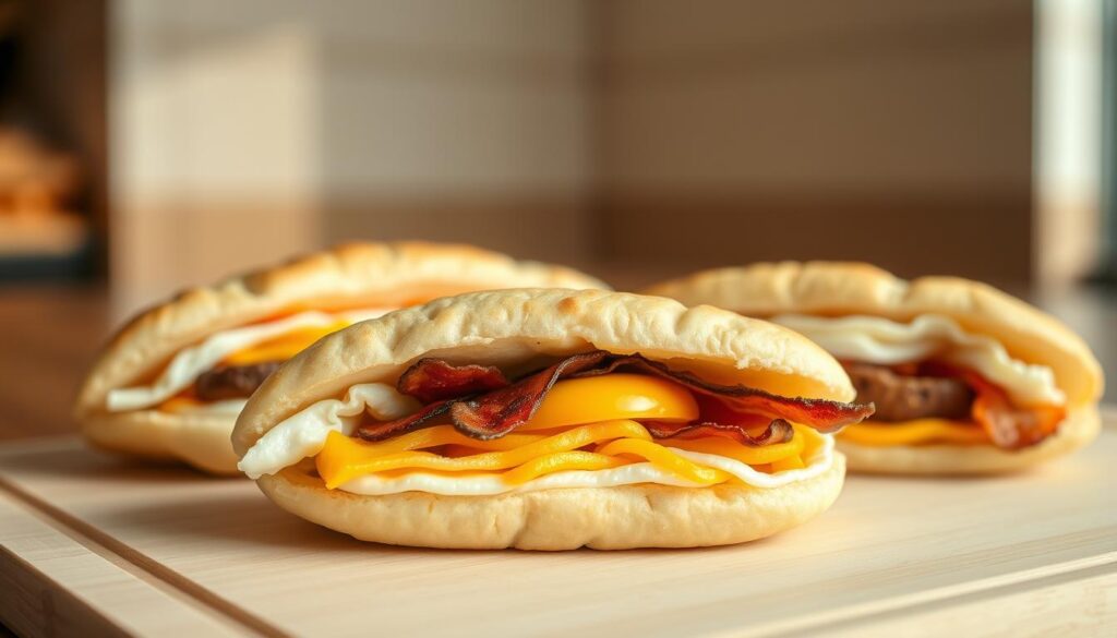 A neatly arranged composition showcasing a selection of Subway's breakfast flatbread sandwiches. In the foreground, three fluffy flatbread sandwiches filled with a variety of ingredients - egg, cheese, and savory breakfast meats like bacon or sausage. The sandwiches are placed on a clean, light surface, perhaps a wooden cutting board or a minimalist tray, creating a simple yet appetizing display. The middle ground features a blurred background, hinting at the familiar Subway restaurant environment, with its neutral tones and clean lines. The lighting is soft and natural, creating a warm, inviting atmosphere that emphasizes the freshness and appeal of the breakfast menu items. The overall impression is one of a high-quality, artisanal breakfast spread, capturing the essence of Subway's breakfast offerings.