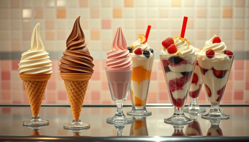 A neatly arranged display of McDonald's classic soft serve ice cream options, captured in a warm and inviting diner-style setting. In the foreground, an array of swirled vanilla, chocolate, and strawberry soft serve cones stand elegantly on a gleaming chrome counter, their creamy textures glistening under soft, diffused lighting. In the middle ground, a row of retro-style glass parfait cups filled with layered soft serve, whipped cream, and vibrant fruit toppings add a tempting visual appeal. The background features a tiled wall in a cheerful, pastel color palette, complementing the vintage-inspired aesthetic. The overall composition exudes a sense of nostalgic indulgence, perfectly capturing the essence of McDonald's classic soft serve delights.