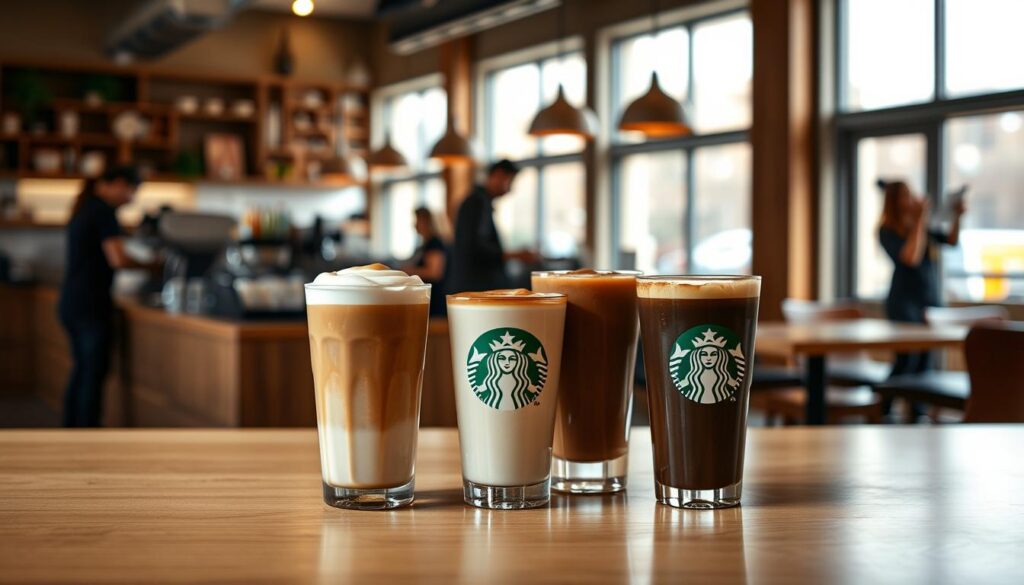 A neatly arranged display of Starbucks' signature espresso-based drinks, captured in a bright, well-lit cafe setting. In the foreground, a trio of classic beverages - a creamy latte, a rich mocha, and a bold americano - stand atop a sleek, wooden counter. Intricate latte art adorns the surface of each drink, complementing the warm, earthy tones of the barista's hand-crafted creations. In the middle ground, the silhouettes of baristas can be seen meticulously preparing additional orders, while the background showcases the cozy, inviting ambiance of the cafe, with its modern furnishings and natural lighting streaming through large windows. The overall scene conveys the artistry, quality, and popularity of Starbucks' signature espresso-based menu items.