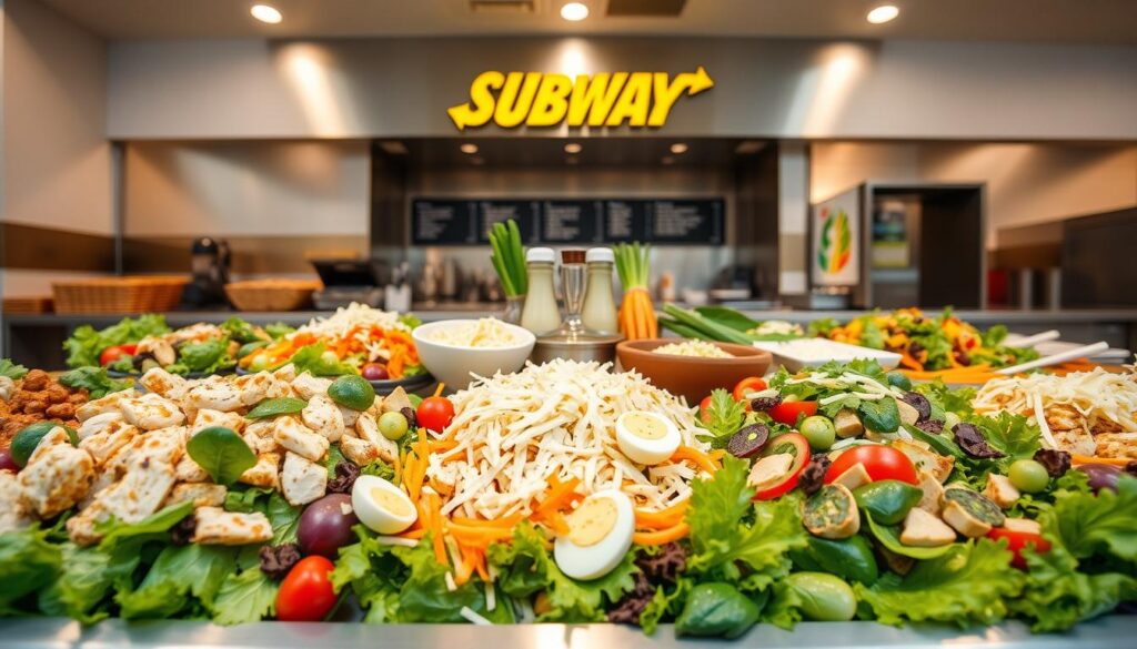 A neatly arranged display of fresh, vibrant salads in a sleek, well-lit Subway setting. In the foreground, a selection of crisp greens, colorful vegetables, and protein-rich toppings like grilled chicken, hard-boiled eggs, and shredded cheese. The middle ground showcases a variety of dressings and garnishes, creating a visually appealing and appetizing presentation. The background features the clean, modern aesthetic of a Subway restaurant, with stainless steel fixtures and a minimalist design that complements the fresh, healthy vibe of the salads. The lighting is soft and natural, casting a warm glow over the scene and enhancing the appetizing quality of the display.