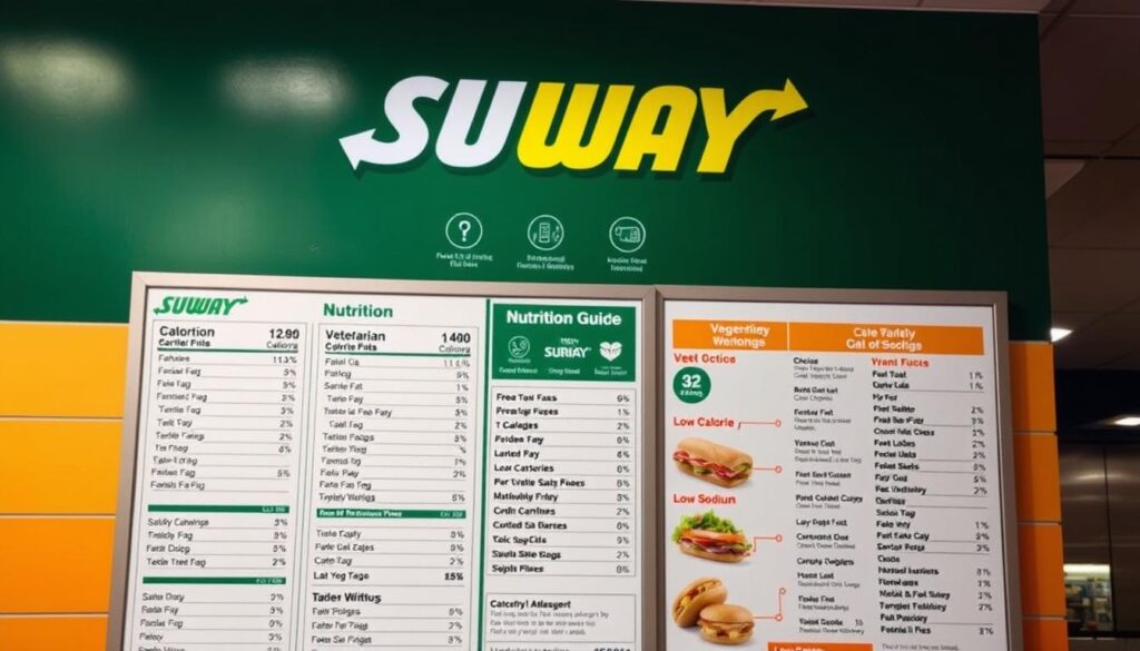 A neatly organized Subway menu board, showcasing a comprehensive nutrition guide. The foreground features the menu items with their corresponding calorie, fat, and carbohydrate information, presented in a clean, legible format. The middle ground highlights key dietary options, such as vegetarian, low-calorie, and low-sodium choices, with clear icons and labels. The background subtly blends the iconic Subway green and yellow colors, creating a professional, informative atmosphere. The lighting is soft and even, accentuating the legibility of the text and graphics. The perspective is a frontal view, capturing the full scope of the menu board in a visually appealing and easily digestible manner.