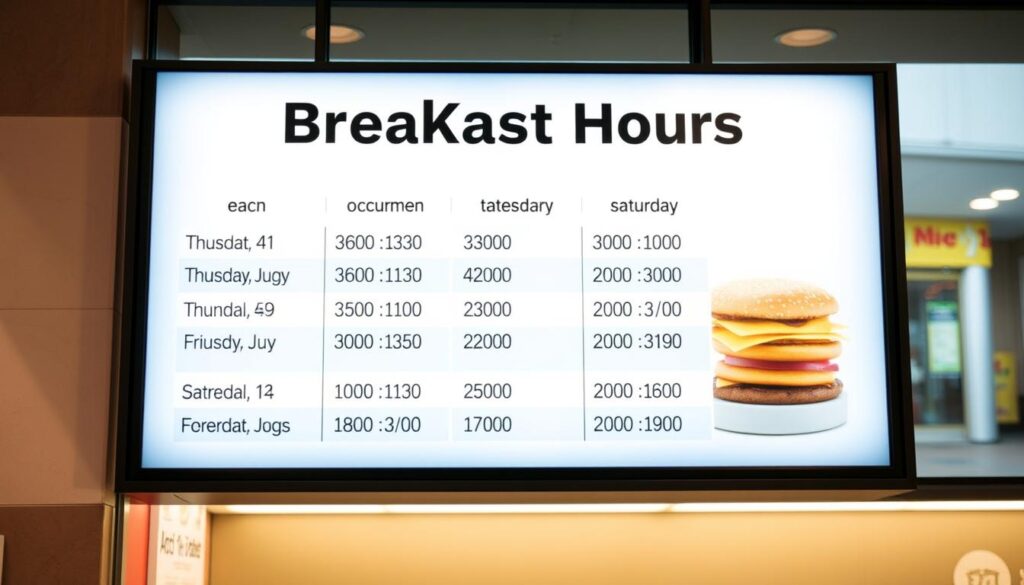 A neatly organized and visually appealing schedule board displaying the breakfast hours of a McDonald's restaurant. The board has a clean, minimalist design with a soft, warm lighting illuminating the information. The background features a blurred, out-of-focus image of a McDonald's exterior, conveying a sense of place. The schedule is presented in a clear, legible font, with the hours for each day of the week arranged in a grid-like layout. The overall atmosphere is one of efficiency and professionalism, reflecting the reliable and convenient nature of McDonald's breakfast offerings.
