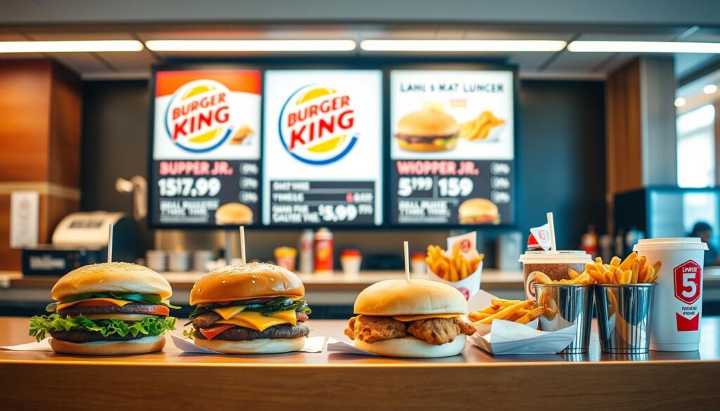 A neatly presented Burger King counter with a prominent menu display showcasing various lunch meal deals priced under $5. The counter is well-lit, creating a warm and inviting atmosphere. In the foreground, a selection of Whopper Jr. burgers, chicken sandwiches, and sides such as small fries and drinks are elegantly arranged, capturing the affordability and variety of the budget-friendly options. The middle ground features the Burger King logo and branding, while the background subtly blurs, keeping the focus on the featured menu items. The overall composition conveys the satisfying and accessible nature of Burger King's lunchtime offerings catered to those seeking a budget-friendly midday meal.