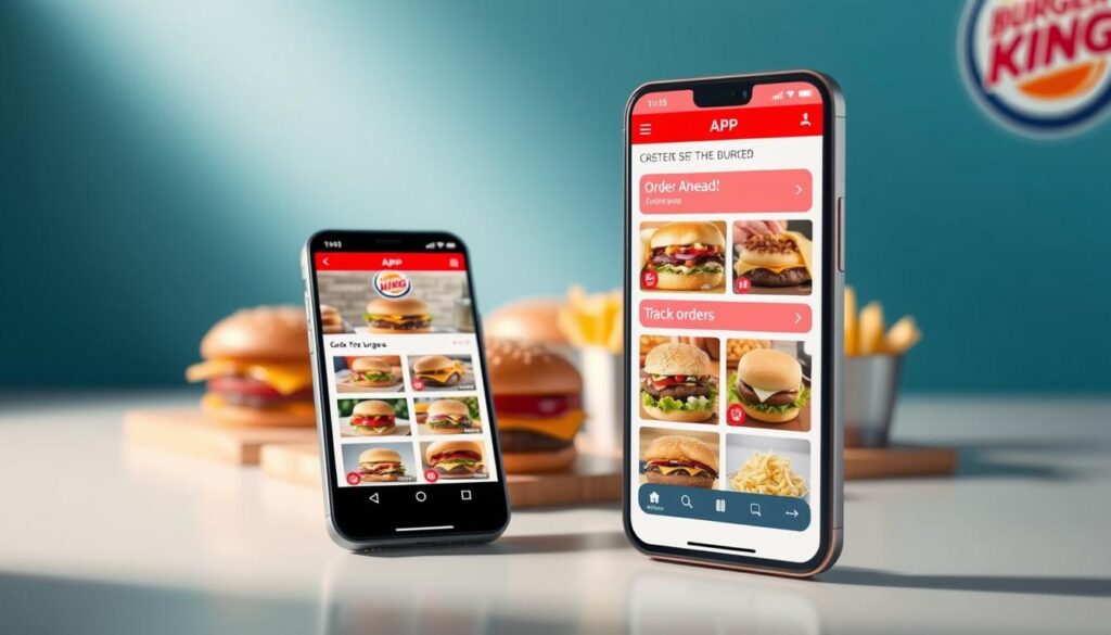A sleek and modern mobile app interface showcasing Burger King's key digital ordering features. In the foreground, a smartphone displays the BK app's main menu, highlighting options for customizing burgers, ordering ahead, and tracking orders. The middle ground features an array of mouthwatering burger and fry visuals, captured in high-resolution detail under soft, natural lighting. The background subtly blends the Burger King brand colors, creating a clean, inviting atmosphere that embodies the convenience and accessibility of the mobile experience. The overall composition conveys the ease and simplicity of leveraging Burger King's digital tools to enjoy their classic menu items.