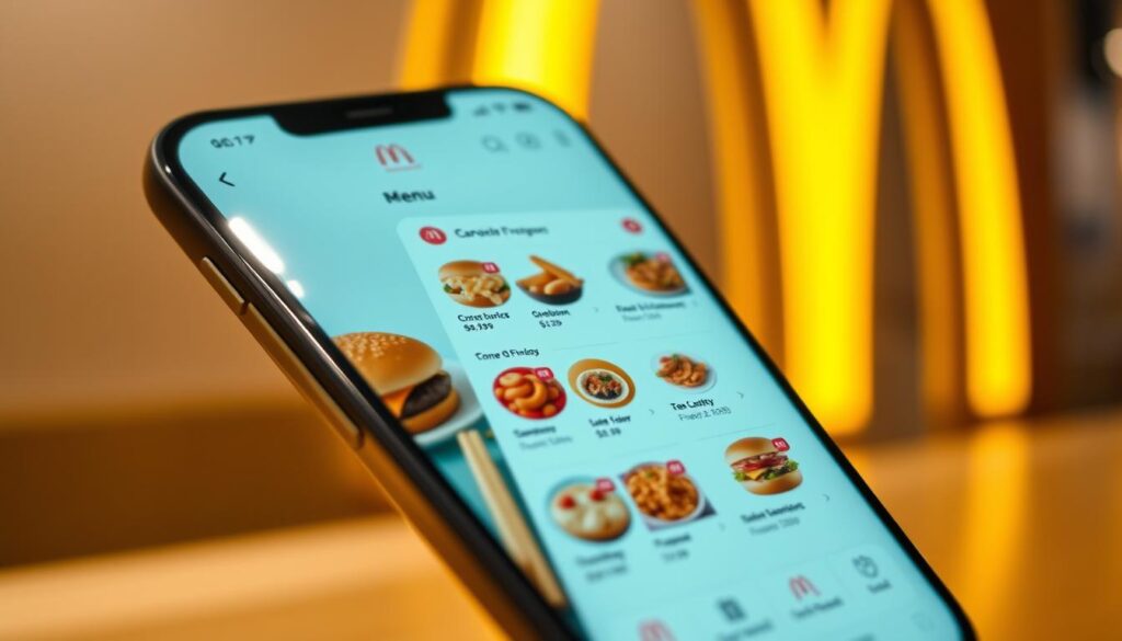 A sleek, minimalist mobile app interface showcasing the McDonald's digital menu. The screen displays a clean, organized layout with high-quality food imagery, vibrant colors, and intuitive icons. The foreground features a large, tempting product photo, while the middle ground presents a well-structured menu with clear categories and pricing. The background subtly blends the brand's signature golden arches and muted tones, creating a modern, user-friendly atmosphere. Soft, directional lighting illuminates the scene, highlighting the appetizing dishes and inviting the user to explore the menu. Captured at a slight angle, the image conveys a sense of accessibility and engagement, perfectly suited for a mobile experience.