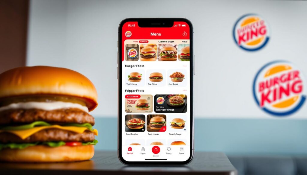 A sleek, modern Burger King digital ordering app interface, with a clean and intuitive layout. The foreground features a large, high-resolution image of a delicious Whopper burger, prominently displayed. The middle ground showcases various menu items and customization options, presented in a visually appealing grid layout. The background subtly incorporates the Burger King brand colors and logo, creating a cohesive and recognizable aesthetic. The lighting is soft and natural, highlighting the vibrant colors and textures of the food. The camera angle is slightly elevated, providing an inviting and appetizing perspective. The overall mood is one of simplicity, convenience, and a celebration of the Burger King brand and its signature menu items.
