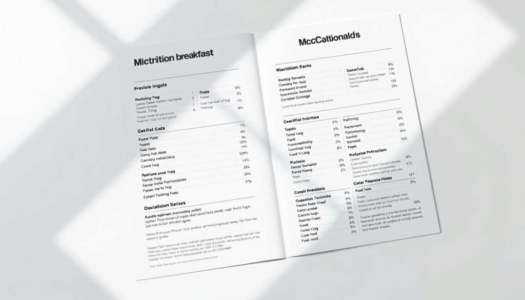 A sleek, modern McDonald's-branded nutrition guide presented in a clean, minimalist style. The guide features a crisp, white background with a subtle grid pattern, highlighting the clear, legible typography and precise nutritional information for various McDonald's breakfast menu items. The arrangement is balanced and visually appealing, with a focus on presenting the data in an organized, easy-to-digest manner. Soft, natural lighting illuminates the guide, creating a sense of approachability and transparency. The overall tone is professional, informative, and aligned with the McDonald's brand identity.