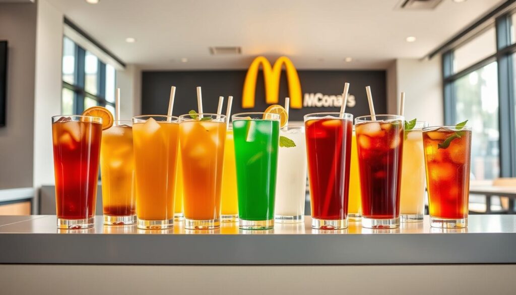 A sleek, modern McDonald's restaurant setting with a prominent drink counter showcasing an array of iced tea options. The counter features a clean, minimalist design with subtle branding elements. Vibrant, freshly brewed iced teas in various flavors fill tall, transparent glasses, their ice-cold refreshment evident. Soft, natural lighting filters in through large windows, creating a welcoming, inviting atmosphere. The overall scene conveys a sense of high-quality, thirst-quenching beverage options that align with the "Tea and Lemonade Options" section of the article.