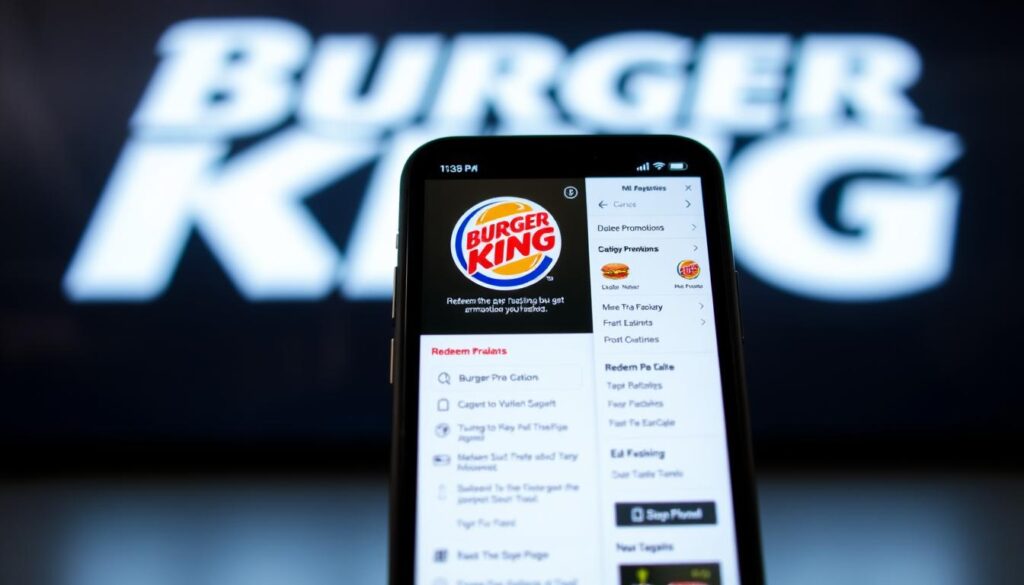 A smartphone screen displaying the Burger King mobile app, with a clean and intuitive interface showcasing a step-by-step guide for redeeming promotions. The app is presented in a well-lit, high-resolution render, with a modern and minimalist design aesthetic. The foreground highlights the main redemption flow, while the middle ground features the app's navigation menu and options. The background is a softly blurred depiction of the Burger King logo or branding, creating a sense of cohesion and brand recognition. The overall mood is professional, informative, and visually appealing, designed to clearly illustrate the process of redeeming BK promotions through the mobile app.