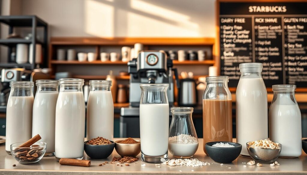 A stylish coffee shop display featuring an array of milk alternatives and dietary options. In the foreground, tempting glass containers hold various plant-based milks - creamy almond, rich oat, and smooth soy. Scattered around are small bowls of garnishes like cinnamon sticks, cocoa powder, and shredded coconut. The middle ground showcases a sleek espresso machine and barista equipment, hinting at the delectable drinks being prepared. In the background, a minimalist chalkboard menu board lists the available options, with icons denoting dairy-free, gluten-free, and other dietary considerations. Soft, natural lighting creates a warm, welcoming atmosphere, inviting the viewer to explore Starbucks' diverse and inclusive beverage menu.