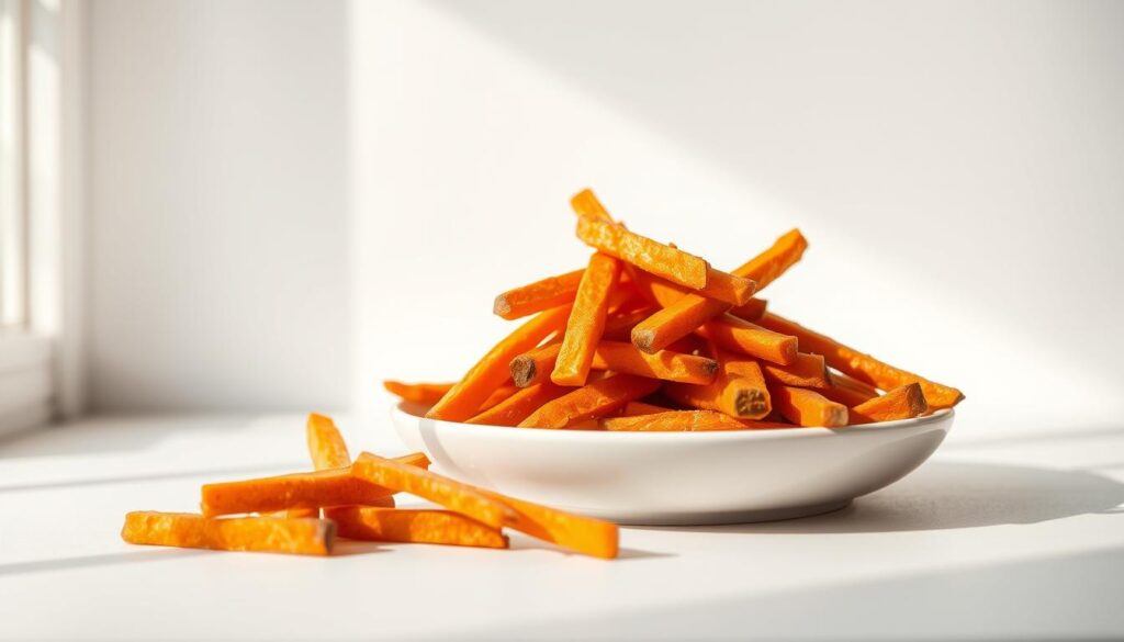 A stylish still-life featuring a plate of crisp, golden-brown sweet potato fries against a clean, minimalist backdrop. The fries are arranged artfully, their vibrant orange hue accentuated by natural lighting streaming in from the side. The scene is captured with a shallow depth of field, drawing the viewer's attention to the succulent texture and inviting aroma of the fries. The overall mood is fresh, healthy, and appetizing, perfectly complementing the "Nutritional Profile and Health Benefits" section of the article.