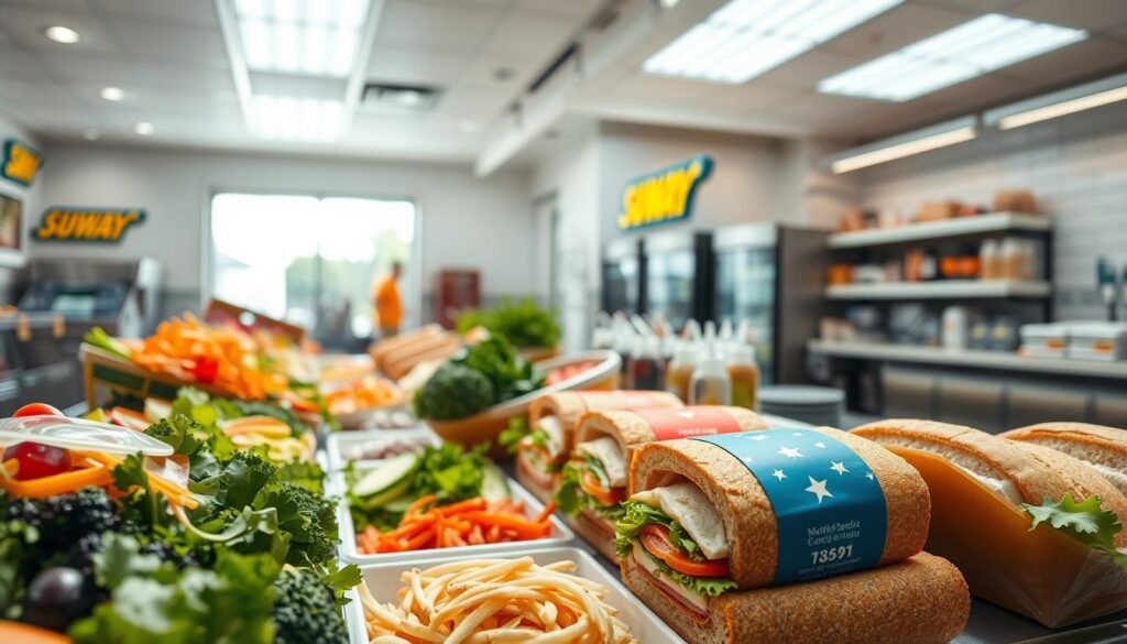 A sunlit deli counter displaying an array of fresh, low-calorie Subway sandwich options. In the foreground, a selection of lean proteins, crisp vegetables, and whole-grain breads neatly arranged. The middle ground features various condiments and toppings, each adding flavor and texture without excessive calories. In the background, a clean, modern Subway interior with bright lighting and minimalist decor, creating a welcoming, health-conscious atmosphere. The scene is captured with a wide-angle lens, providing a comprehensive view of the nourishing sandwich combinations available to the health-conscious customer.