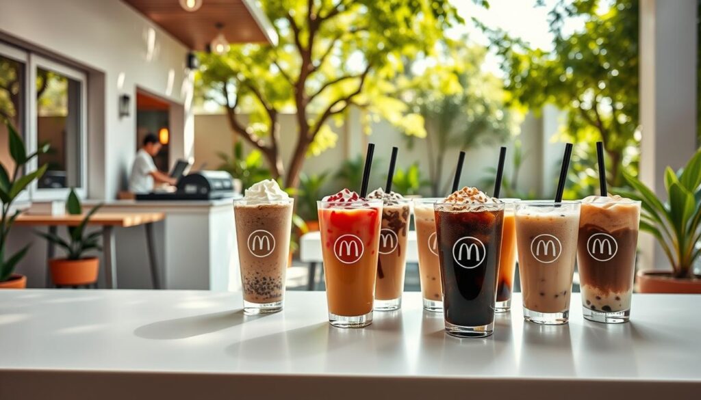 A sunny, crisp outdoor cafe scene with a prominent display of McCafé frozen coffee drinks. In the foreground, a variety of colorful, frosty beverages are arranged artfully on a sleek, modern counter, their tempting textures and flavors evident. In the middle ground, the cafe's bright, minimalist decor is visible, with clean lines and natural wood accents. The background features a lush, verdant garden setting, with leafy trees and potted plants framing the scene. Soft, diffused lighting creates a warm, inviting ambiance, accentuating the alluring appeal of the frozen coffee drinks. The overall composition conveys a sense of refreshment, quality, and the premium McCafé experience.