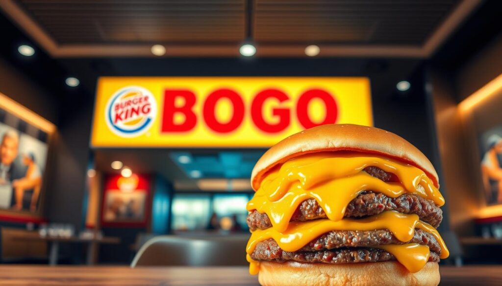 A vibrant and appetizing Whopper burger in the foreground, dripping with melted cheese and juicy patty, with a warm and inviting lighting that accentuates its texture and freshness. In the middle ground, a colorful and eye-catching "BOGO" (Buy One, Get One) promotion banner, showcasing the limited-time savings offer. The background features a sleek and modern Burger King restaurant interior, with clean lines and a minimalist design that creates a sense of premium quality. The overall composition and style convey a premium and exclusive dining experience, perfectly capturing the essence of the "Unlocking Maximum Savings with the Whopper BOGO Promotion" section.