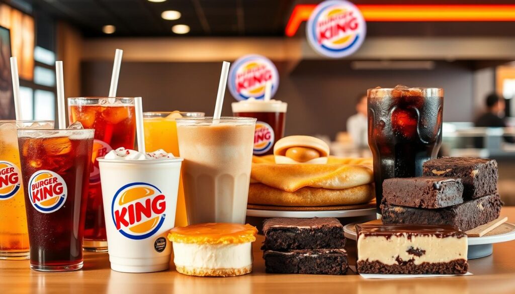 A vibrant and appetizing scene showcasing the diverse Burger King beverage and dessert selection. In the foreground, an array of ice-cold beverages in signature Burger King cups, including classic sodas, refreshing iced teas, and a tempting milkshake. The middle ground features an assortment of decadent desserts, such as warm apple pie with a golden crust, creamy cheesecake, and rich chocolate brownies. The background suggests a contemporary Burger King restaurant setting, with clean lines, warm lighting, and a hint of the iconic Burger King branding. The overall mood is one of indulgence and satisfaction, inviting the viewer to savor the mouthwatering selection of Burger King's beverage and dessert offerings.