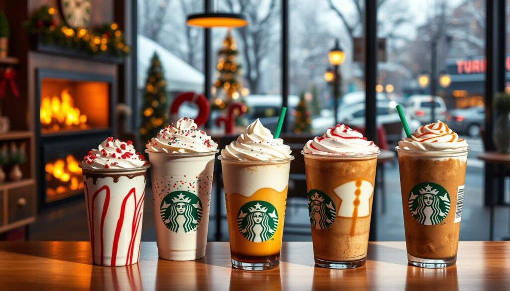 A vibrant and festive display of Starbucks' seasonal specialty drinks, captured in a warm, inviting light. In the foreground, a lineup of iconic holiday beverages - peppermint mocha, eggnog latte, and gingerbread latte - adorned with whipped cream, festive toppings, and holiday-themed cups. In the middle ground, a cozy Starbucks cafe setting, with a fireplace, twinkling lights, and seasonal decor. The background features a winter wonderland, with snow-capped trees and a glimpse of a bustling city street. The overall scene evokes a sense of comfort, cheer, and the festive spirit of the Starbucks seasonal drink menu.