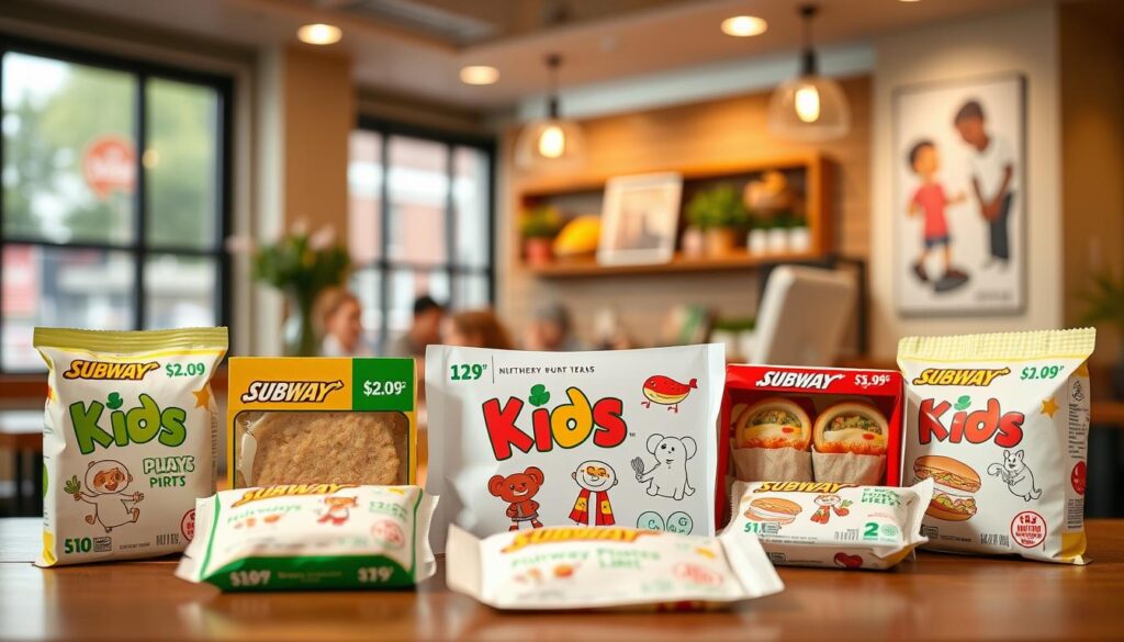 A vibrant and inviting display of Subway's Kids Meal Deals, showcasing an array of delectable options against a warm, cafe-inspired backdrop. The foreground features a clean, minimalist arrangement of kid-friendly meal packaging, each with its own distinct pricing and contents. The middle ground highlights eye-catching graphics and illustrations that capture the playful, wholesome essence of Subway's kid-centric offerings. In the background, a softly blurred scene evokes the cozy ambiance of a neighborhood Subway location, complete with natural lighting filtering through large windows and a hint of modern, urban decor. The overall composition exudes an atmosphere of approachability, nutrition, and value, perfectly aligning with the "Value Meals and Combo Deals" section of the article.