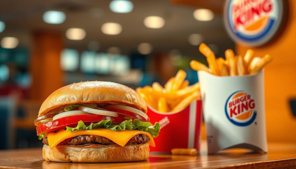 A vibrant and mouthwatering scene of Burger King's seasonal lunch specials. In the foreground, a freshly prepared burger with a toasted bun, melted cheese, and an array of fresh toppings like lettuce, tomato, and onion, set against a warm, golden lighting. In the middle ground, a crisp order of fries, perfectly seasoned and served in a classic Burger King paper sleeve. In the background, a blurred view of the Burger King restaurant interior, conveying a sense of inviting ambiance. The entire scene is captured with a shallow depth of field, emphasizing the delectable details of the food while suggesting the lively atmosphere of the establishment. An enticing and visually appetizing representation of Burger King's seasonal lunch specials.