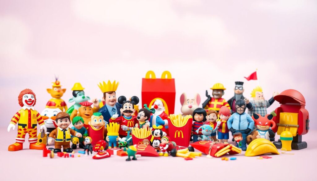 A vibrant and whimsical collection of McDonald's Happy Meal toys, artfully arranged against a soft, pastel-colored background. In the foreground, an assortment of classic characters and beloved icons, including Ronald McDonald, Grimace, Hamburglar, and a diverse array of beloved cartoon figures, each exquisitely detailed and brimming with personality. The middle ground features a playful scatter of Happy Meal boxes, fries, and other iconic McDonald's memorabilia, captured in a warm, natural lighting that enhances the nostalgic, toy-like quality. In the background, a subtle, gradient-filled sky lends a sense of dreamlike wonder, perfectly complementing the joyful, childlike spirit of the scene.