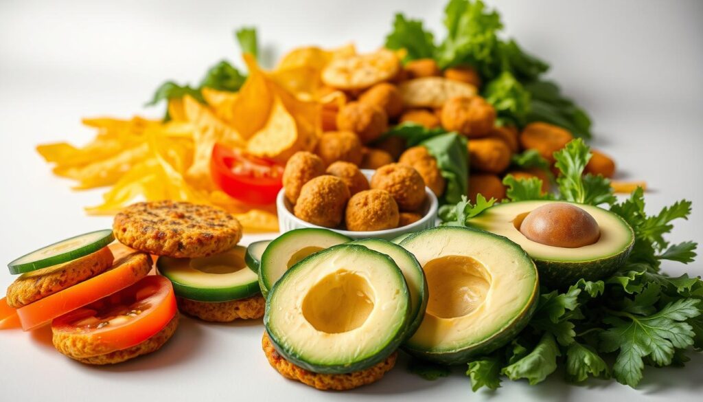 A vibrant display of Subway's plant-based sides and snacks, captured in a crisp, well-lit studio setting. In the foreground, an artful arrangement of colorful veggie patties, crisp cucumber slices, juicy tomatoes, and creamy avocado halves. Behind them, a variety of crunchy vegetable chips, savory baked falafel bites, and fresh leafy greens spill across a minimalist white backdrop. Soft, diffused lighting highlights the natural textures and vivid hues, creating a clean, appetizing atmosphere. The composition emphasizes the freshness and variety of Subway's vegetarian offerings, inviting the viewer to explore this delightful plant-based selection.