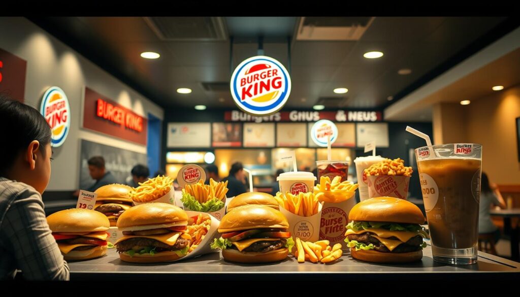 A vibrant, high-resolution image of Burger King's seasonal menu specials, featuring an array of tempting burgers, fries, and beverages. The scene is set in a modern, well-lit Burger King restaurant, with a clean, minimalist interior design. The camera angle is slightly elevated, capturing the entire menu display in the foreground, with customers dining in the middle ground and the restaurant's branding and decor visible in the background. The lighting is warm and inviting, highlighting the rich colors and textures of the food. The overall mood is one of excitement and anticipation, inviting the viewer to explore the latest seasonal offerings from this iconic fast-food brand.