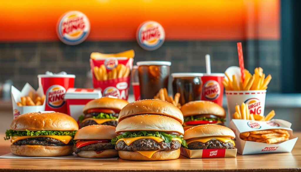 A vibrant, high-resolution image of a Burger King value menu display showcasing a variety of discounted menu items. The foreground features a neatly arranged selection of value-priced burgers, fries, and beverages, with each item depicted in mouthwatering detail. The middle ground includes branded Burger King packaging and containers, creating a sense of authenticity. The background is softly blurred, drawing the viewer's attention to the enticing value menu offerings. The lighting is warm and inviting, highlighting the rich colors and textures of the food. The overall composition conveys a sense of affordability and accessibility, perfectly capturing the essence of Burger King's value menu specials.