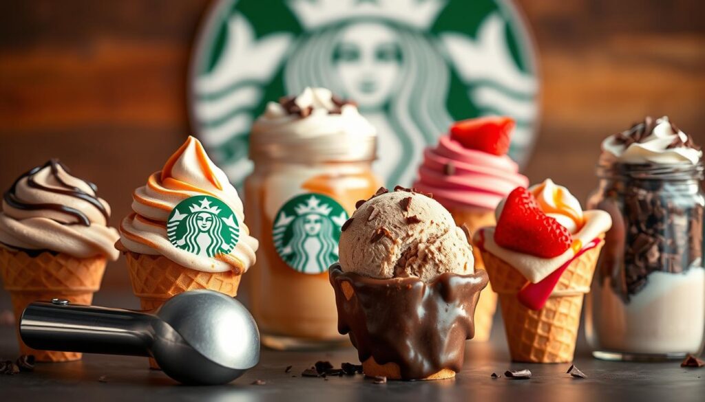 A vibrant still life capturing an array of Starbucks-inspired ice cream flavors. In the foreground, an assortment of delectable scoops in classic Frappuccino shades - mocha, coffee, caramel, and strawberry - sit atop waffle cones, their textures and toppings glistening under warm, soft lighting. In the middle ground, a sleek, metallic Starbucks-branded ice cream scoop rests alongside a glass jar filled with chocolate shavings and whipped cream. The background features a blurred Starbucks logo, hinting at the inspiration behind these indulgent frozen treats. The overall composition exudes a sense of premium, coffee-shop sophistication, enticing the viewer to imagine the rich, creamy flavors of these Frappuccino-inspired ice creams.