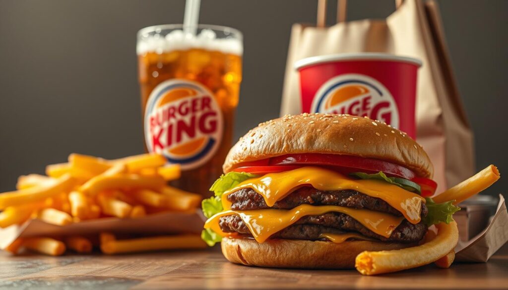 A vibrant still life of a Burger King value meal deal, captured under warm, soft lighting with a shallow depth of field. In the foreground, a classic Whopper burger with its signature flame-grilled patty, melted cheese, and crisp lettuce, tomato, and onion toppings, accompanied by a generous portion of golden, crispy French fries. In the middle ground, a large, icy-cold soft drink in a signature Burger King cup, condensation beading on the surface. The background features a neatly folded paper bag, hinting at the overall meal deal packaging. The composition conveys a sense of quality, value, and the satisfying indulgence of a Burger King dining experience.
