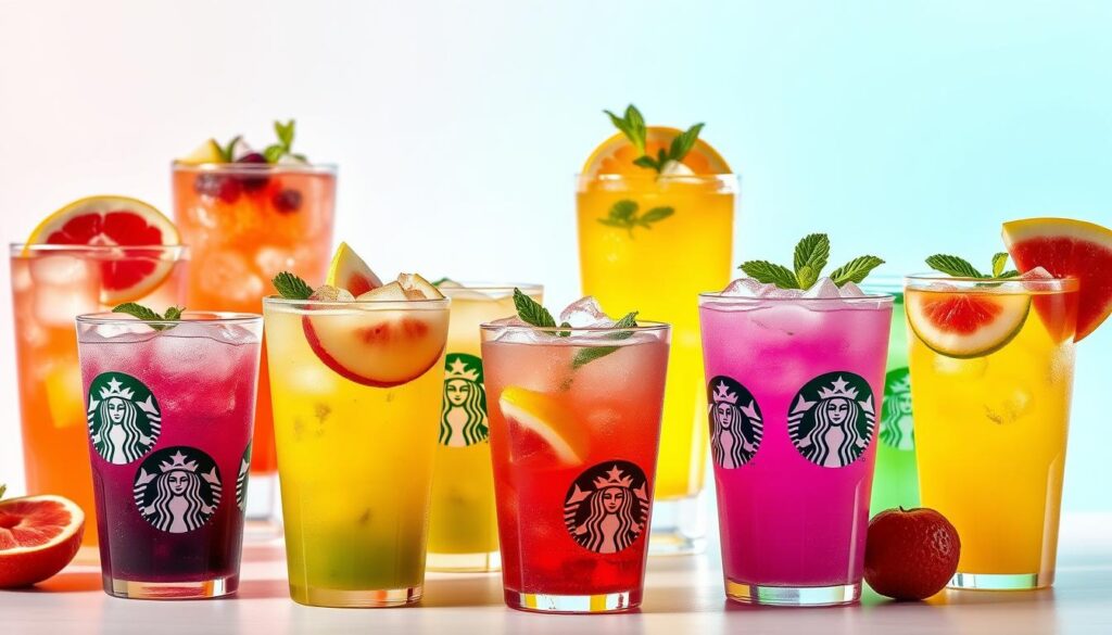 A vibrant still life scene showcasing an assortment of Starbucks Refreshers beverages. In the foreground, several glass cups filled with icy, vibrant-colored Refreshers drinks, garnished with fresh fruit slices and mint leaves. Behind them, a clean, minimalist background with a soft, diffused lighting that accentuates the translucent hues of the beverages. The cups are arranged in a casual, artful manner, capturing the refreshing and lively nature of the Starbucks Refreshers lineup. The overall mood is bright, summery, and inviting, perfectly embodying the spirit of these non-coffee, fruity and herbal-infused Starbucks offerings.