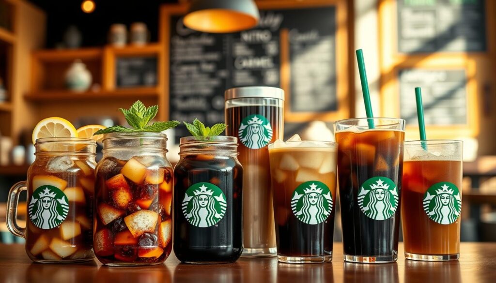 A vibrant still life showcasing an array of Starbucks cold brew varieties. In the foreground, glass jars filled with icy cold brew in rich shades of brown and black, garnished with fresh mint sprigs and citrus wedges. The middle ground features reusable Starbucks tumblers and cups, each with a distinct cold brew concoction - classic, vanilla, caramel, and nitro. The background is a softly blurred Starbucks cafe setting, with warm wooden accents and a chalkboard menu hinting at additional cold brew options. The lighting is natural and diffused, casting a golden glow and emphasizing the inviting, refreshing qualities of the cold brew drinks.