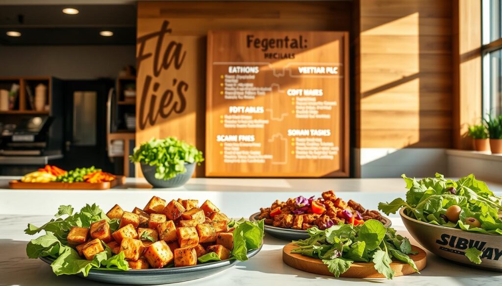 A vibrant, well-lit display of Subway's seasonal vegetarian specials, showcased on a clean, modern counter. In the foreground, a selection of freshly prepared plant-based ingredients, such as roasted vegetables, grilled tofu, and crisp salad greens, are artfully arranged. The middle ground features an elegant wooden menu board, highlighting the special offerings with appealing typography and design. In the background, a warm, natural lighting creates a welcoming ambiance, complementing the earthy tones and textures of the display. The overall composition conveys a sense of freshness, flavor, and the thoughtful curation of Subway's vegetarian menu options.