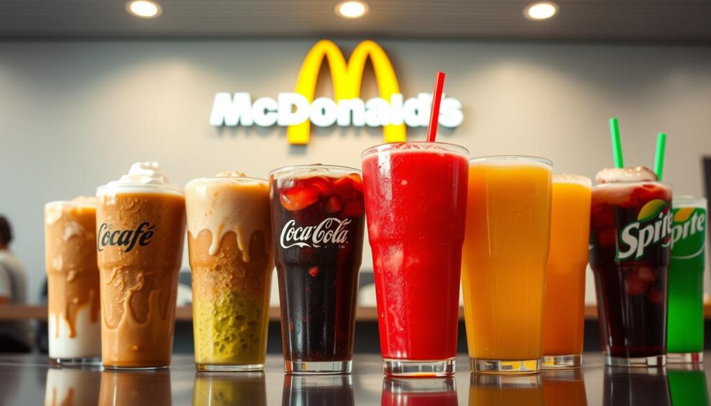 A vibrant, well-lit scene showcasing an array of McDonald's frozen drink selections. In the foreground, a row of gleaming, colorful cups filled with various frozen beverages - from classic McCafé Frappes to refreshing Frozen Coke and Frozen Sprite. The cups are arranged neatly, with condensation glistening on their surfaces, conveying a sense of cool, refreshing indulgence. In the middle ground, the iconic McDonald's branding and signage are visible, providing context and familiarity. The background features a clean, minimalist setting, with crisp lighting and a neutral color palette that allows the frozen drinks to take center stage. The overall atmosphere is one of temptation and thirst-quenching satisfaction, perfectly capturing the essence of "Refreshing Frozen Drinks" at McDonald's.