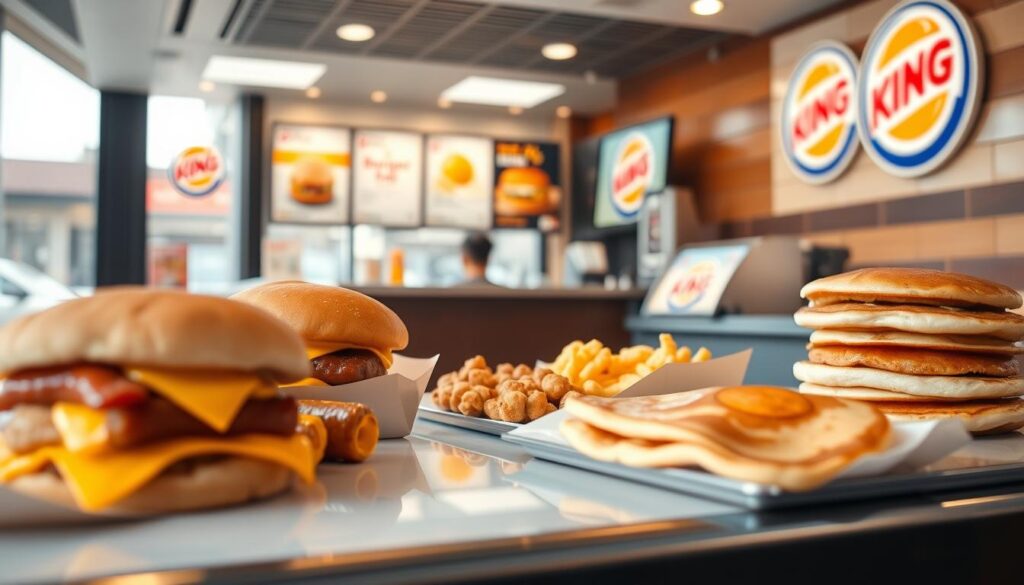 A visually appealing diner-style scene showcasing Burger King's breakfast menu selections. In the foreground, a neatly arranged display of various breakfast items such as sausage, egg, and cheese sandwiches, hash browns, and pancakes, captured under warm, natural lighting with a slight depth of field blur. In the middle ground, a clean, modern Burger King restaurant interior with a focus on the counter and menu boards highlighting the breakfast offerings. The background features a softly blurred urban setting, suggesting an early morning atmosphere. The overall composition conveys a sense of inviting, high-quality breakfast options at Burger King.