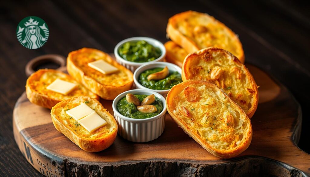 A visually appealing spread of Starbucks' signature garlic-infused snacks, artfully arranged on a rustic wooden board. The golden-brown garlic bread, glistening with melted butter, is accompanied by small dishes of vibrant green pesto and aromatic roasted garlic cloves. The lighting is warm and inviting, casting a soft glow across the scene. The composition is balanced, with the items spaced thoughtfully to create a sense of harmony. The overall mood is one of casual elegance, inviting the viewer to imagine pairing these delightful flavors with their favorite Starbucks beverage.