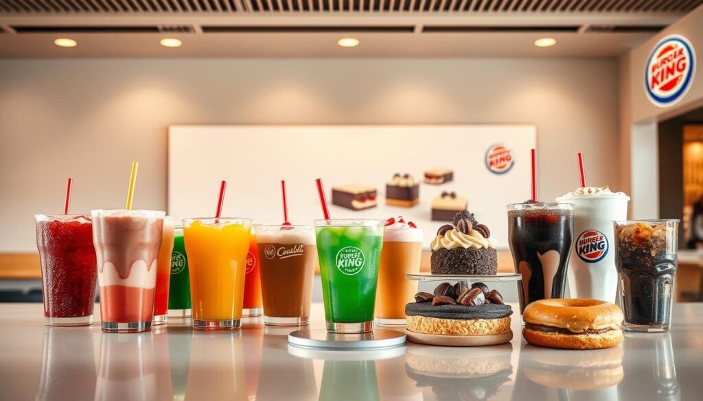 A visually appetizing array of Burger King's signature beverages and desserts, captured in a bright, inviting setting. In the foreground, an assortment of colorful soft drinks, milkshakes, and iced coffees are neatly arranged on a sleek, glossy surface, their condensation-beaded cups reflecting the warm lighting overhead. In the middle ground, a selection of tempting Burger King desserts, such as creamy cheesecake, decadent chocolate cakes, and fluffy doughnuts, are presented on a white backdrop, their textures and garnishes meticulously rendered. The background features a clean, minimalist environment, with subtle branding elements subtly incorporated to establish the Burger King aesthetic. The overall composition exudes a sense of quality, indulgence, and hospitality, inviting the viewer to savor the delectable offerings.